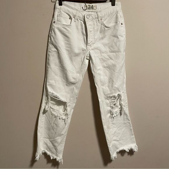 Free People Maggie Mid Rise Straight Optic White Distressed Jeans- Size 24 - Picture 3 of 10
